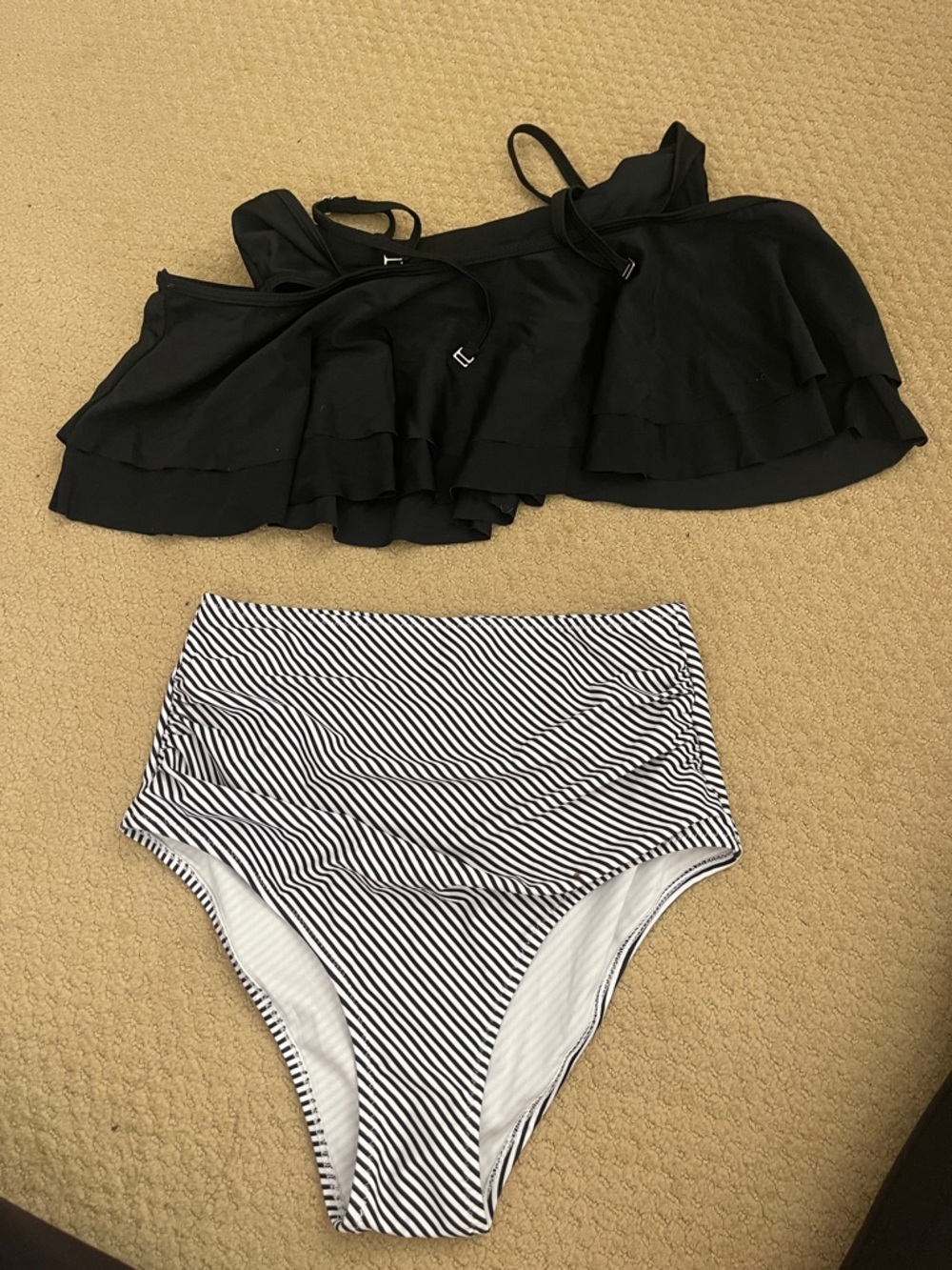 Amazon Black Ruffle Bikini Top with Black & White Striped High-Waist Bottom